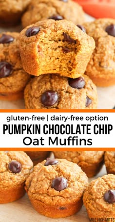 pumpkin chocolate chip oat muffins stacked on top of each other with text overlay