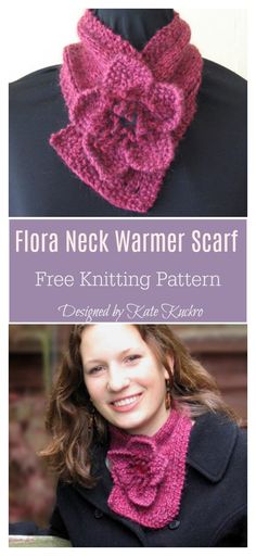 a woman wearing a pink knitted scarf with the words flora neck warmer scarf free knitting pattern