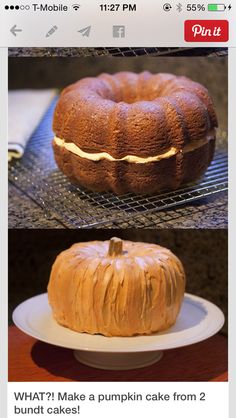 two pictures of a bundt cake with frosting on it