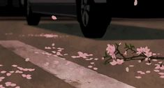 pink flowers on the ground in front of a car