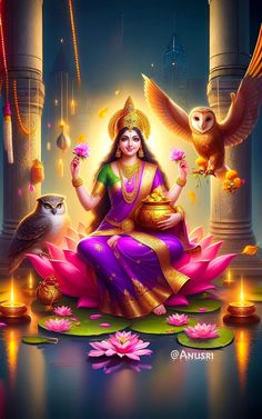 an image of goddess sitting on lotuses surrounded by owls