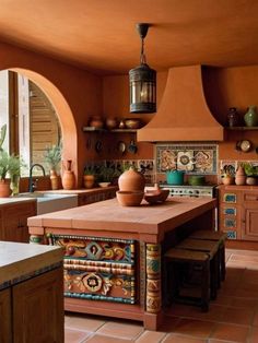 a kitchen with an island in the middle and potted plants on the counter top