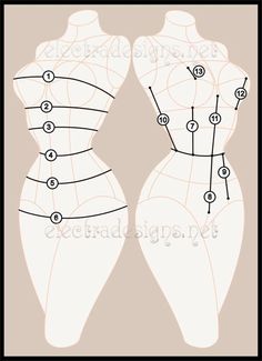 the front and back view of a mannequin's torso, with measurements for each