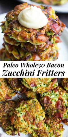 a stack of zucchini fritters with bacon and ranch dressing on top