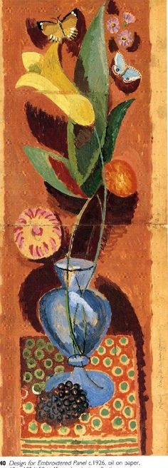 a painting of flowers in a blue vase on a table with other items around it