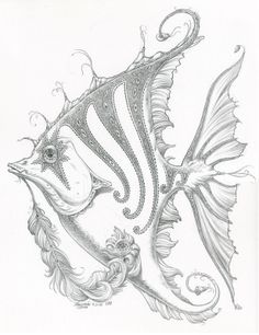 a drawing of a fish with intricate designs on it's body and tail, swimming in the water