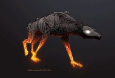 a drawing of a dog with its head down on the ground, in flames and black background