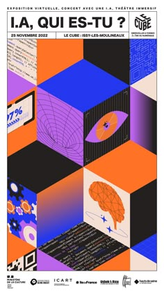 the poster for la quiestu is shown in blue, orange and purple squares