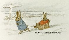 a drawing of two rabbits pulling a sleigh with carrots in the snow