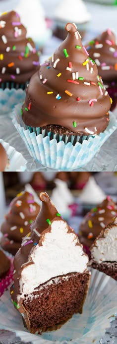 chocolate cupcakes with white frosting and sprinkles