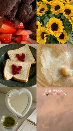 there is a collage of pictures with food and flowers on it, including strawberries