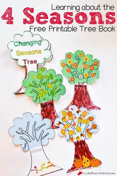 the four seasons tree craft is shown with text that reads, learning about the 4 seasons free printable tree book