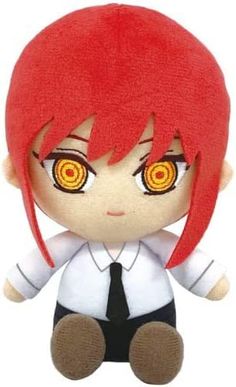 an anime doll with red hair and yellow eyes sitting on a white surface, wearing a black tie