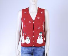 Red Christmas Sweater Vest with Snowmen Vintage Christmas