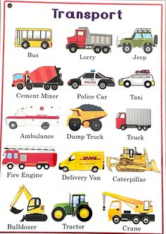 a poster with different types of trucks and cars on it's sides, including dump trucks