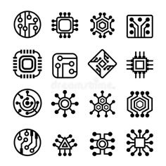 the set of electronic symbols in black and white, including an image of a computer chip