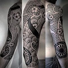 three different views of a man's half sleeve with flowers and fish on it