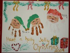 a christmas card with two santas holding hands and presents on the bottom right hand