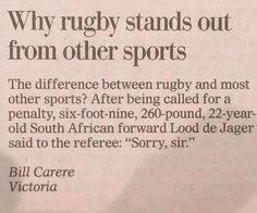 a piece of paper with an article about rugby stands out from other sports written on it