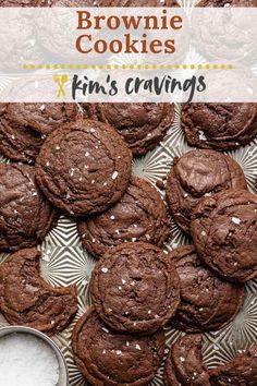 chocolate brownie cookies with white sprinkles on top and text overlay