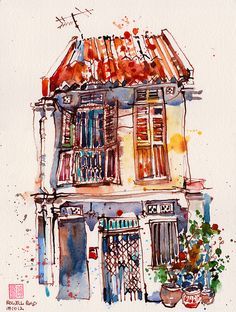 a watercolor painting of a house with windows and shutters