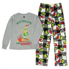 Embrace the holiday spirit by dressing your little one in this charming Dr Seuss's The Grinch 2-piece pajama set. This set, crafted from 100% polyester, offers softness and durability, perfect for your child's comfort. The Grinch Christmas 2-piece fleece pajama set features an elastic waistband on the fleece pajama bottoms for a secure fit. The long-sleeve grey t-shirt features ribbed cuff sleeves to help keep the sleeves in place and to help prevent the sleeves from riding up. The fleece pajama Holiday Cotton Loungewear Sets, Grinch Pajamas, Dr Seuss The Grinch, Is It Too Late, Pajama Costume, Christmas Pajamas Kids, Matching Family Christmas Pajamas, Fleece Pajama Pants, Family Pajama Sets