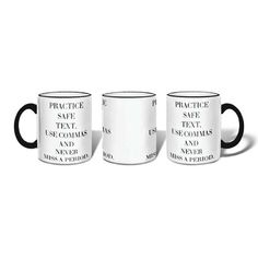 three black and white coffee mugs sitting next to each other