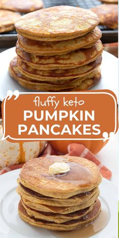 fluffy keto pumpkin pancakes on a white plate with text overlay that reads fluffy keto pumpkin pancakes