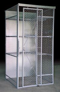 a tall metal storage cabinet with two doors and one door open on the side, in front of a black background