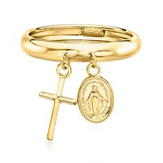 Ross-Simons - Italian 14kt Yellow Gold Religious Charm Ring Size 9. Portray your faith in the most fashionable way possible. This 14kt yellow gold creation from Italy dangles a cross charm and the Miraculous Medal. Polished finish. 1/8" wide. 14kt yellow gold religious charm ring. Italian Rings, Yellow Gold Cross Necklace, Italian Ring, Jewelry Presentation, Charm Ring, Gold Cross Necklace, Gold Cross Pendant, Natural Gold, Miraculous Medal