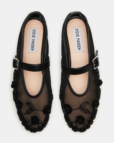 DREAMING Black Mesh Embellished Mary Jane | Women's Flats – Steve Madden Steve Madden Flats Outfit, Mesh Flats Outfit, Luxury Mary Jane Flats For Women, Luxury Women's Mary Jane Ballet Flats, Mesh Ballet Flats, Luxury Embellished Ballet Flats, Black Mesh Ballet Flats, Black Flats Outfit, Luxury Embellished Black Flats