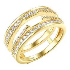 two gold rings with white diamonds on each one and an open band in the middle