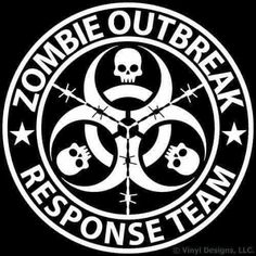 a white zombie logo with the words zombie out break response team on it's black background