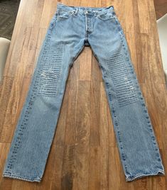 "Cool Levis 501 jeans with sashiko style stitching over patched holes in knees. Note- On the right thigh there is one small hole just above the stitching.  Straight leg, button fly, mid rise.  Laid flat they measure- Waist 14.5\" Rise 11\" Hip 21\" Thigh 10.5\" Inseam 34\" Please ask any questions prior to purchase and see all photos, all sales are final, thank you!! #131" Jean Levis, Red Velvet Jacket, Levi 501 Jeans, Sashiko Stitching, Measure Waist, Levis 501 Jeans, Jeans Ripped, Slingback Shoes, 501 Jeans