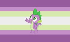 a purple and green pony standing in front of a white and pink striped wallpaper