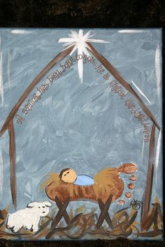 a painting of a baby jesus laying in the manger with two white puppies