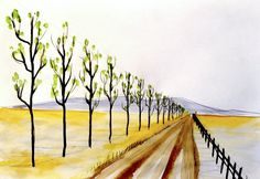 a drawing of a dirt road surrounded by trees