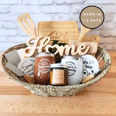 the home gift basket is filled with personalized items