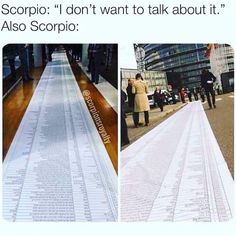 two pictures with people walking on the sidewalk and one has a large piece of paper that says scopi i don't want to talk about it also scorrio