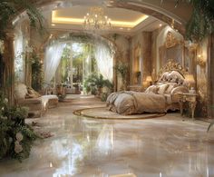 a luxurious bedroom is decorated in gold and white colors with chandelier, bed, couches, and tables