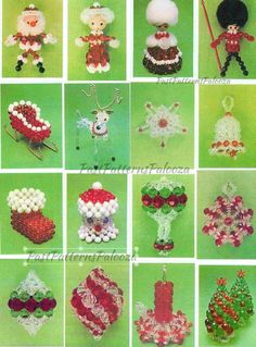 an advertisement for bead christmas ornaments with pictures of santas and other decorations on them