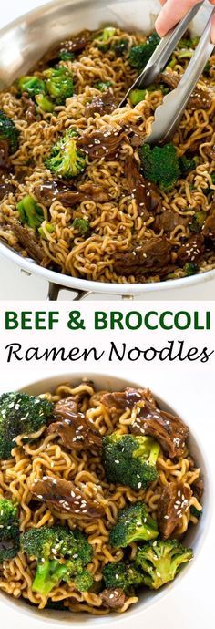 beef and broccoli ramen noodle stir fry in a pan with tongs