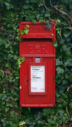 a red mailbox sitting on top of a lush green wall covered in ivys