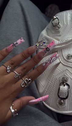 Apple Pay Prank Picture, Cute Nails Black Women, Long Junk Nails, Cute Freestyle Nails, Free Style Nails, Nail Inspo Chrome, Chrome Hearts Nails, Nail Inspo Long, Nail Inspo Pink