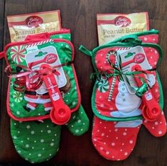 two oven mitts that have been decorated with candy canes and peppermint butter