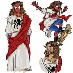 some drawings of people dressed as jesus and spider - man