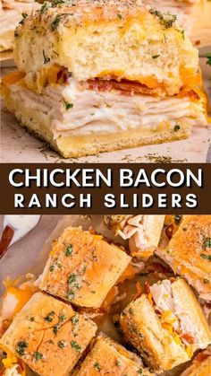 chicken bacon ranch sliders are stacked on top of each other and ready to be eaten