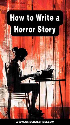 a person sitting at a desk in front of a red background with the words how to write a horror story