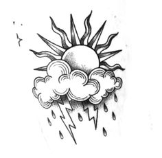 a drawing of a sun and clouds with rain coming out of the top, on a white background