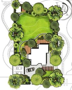 an aerial view of a garden with lots of trees and plants on the ground,